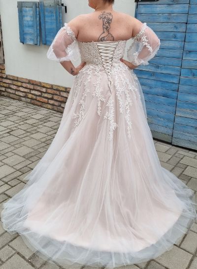 Plus Size A-Line Sweetheart Detachable Sleeves Sweep Train Tulle Wedding Dresses With Lace