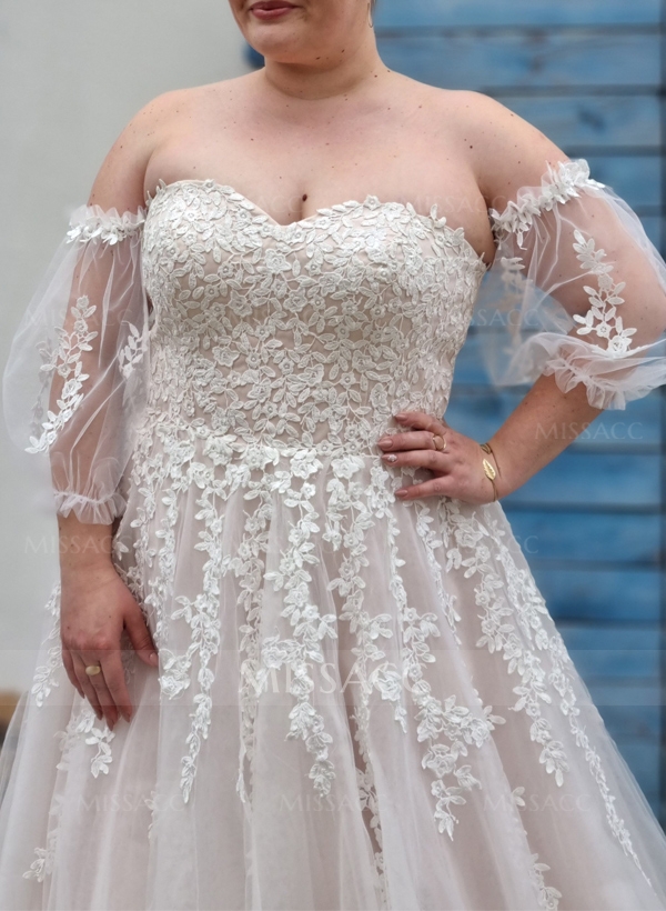 Plus Size A-Line Sweetheart Detachable Sleeves Sweep Train Tulle Wedding Dresses With Lace