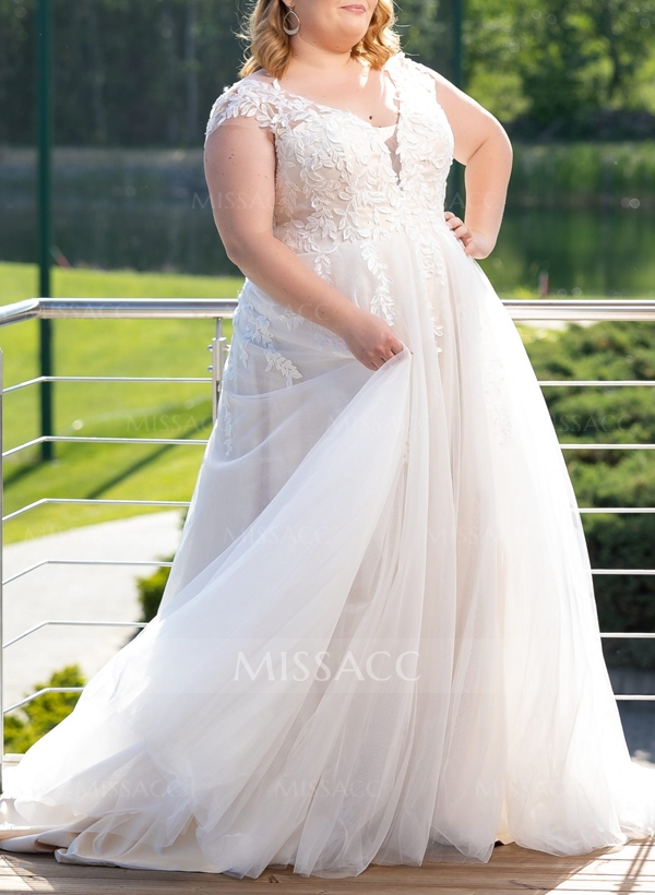 Plus Size A-Line V-Neck Sleeveless Sweep Train Tulle Wedding Dresses With Lace