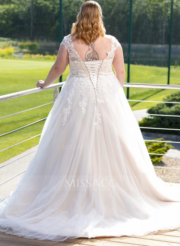 Plus Size A-Line V-Neck Sleeveless Sweep Train Tulle Wedding Dresses With Lace