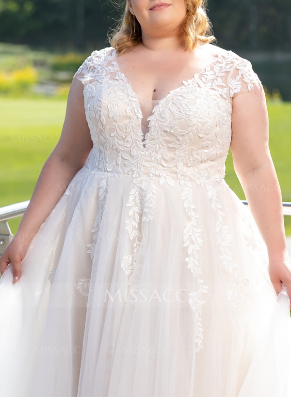 Plus Size A-Line V-Neck Sleeveless Sweep Train Tulle Wedding Dresses With Lace