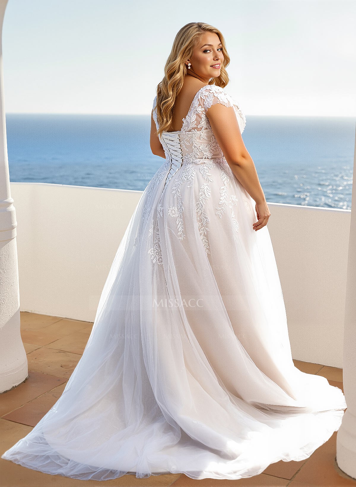 Plus Size A-Line V-Neck Sleeveless Sweep Train Tulle Wedding Dresses With Lace