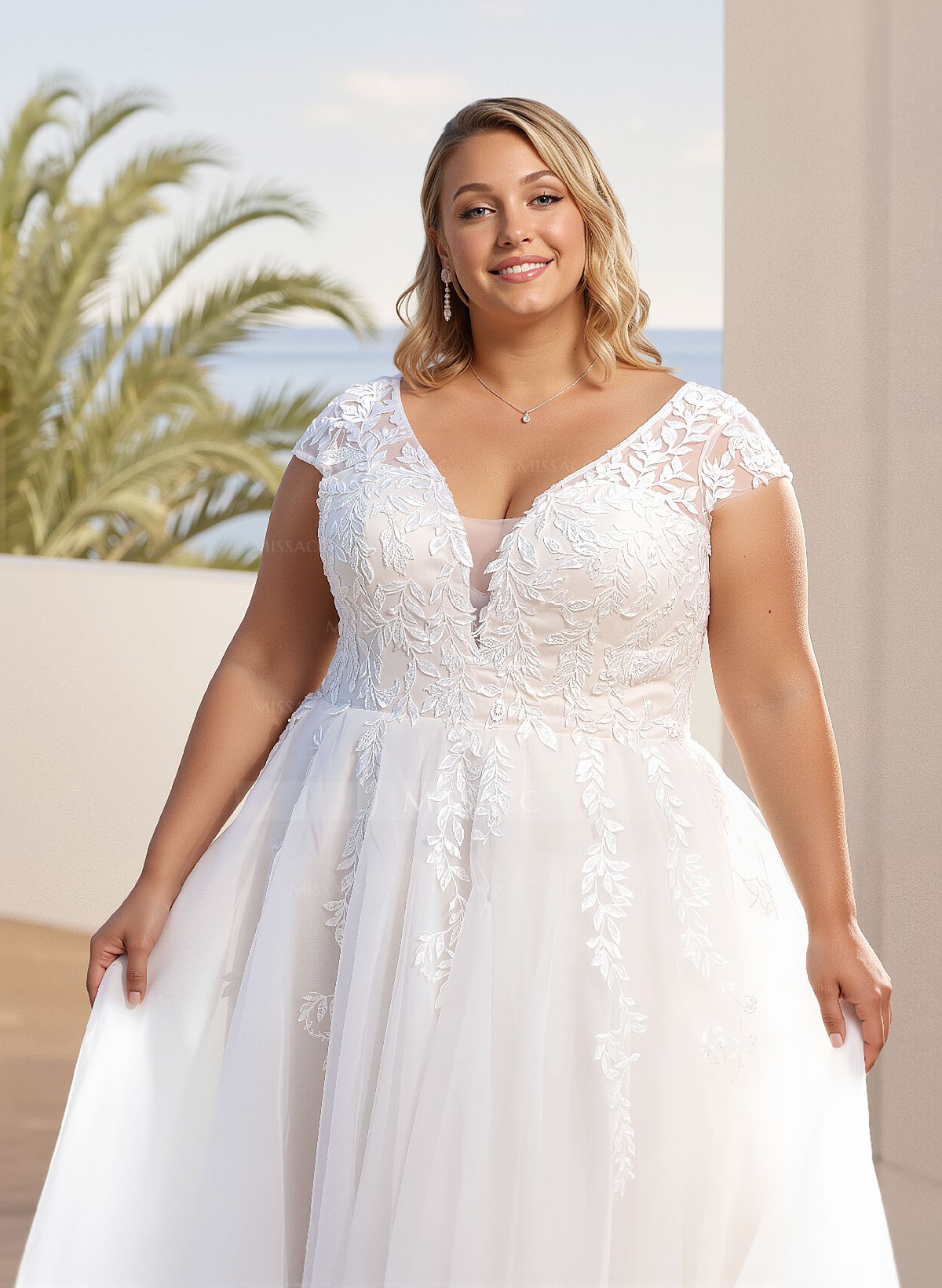 Plus Size A-Line V-Neck Sleeveless Sweep Train Tulle Wedding Dresses With Lace