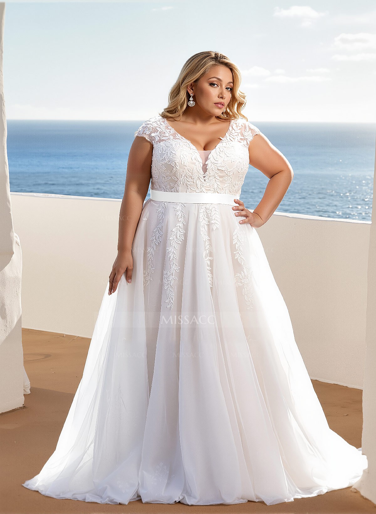 Plus Size A-Line V-Neck Sleeveless Sweep Train Tulle Wedding Dresses With Lace