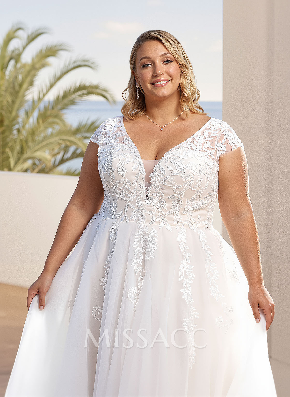 Plus Size A-Line V-Neck Sleeveless Sweep Train Tulle Wedding Dresses With Lace