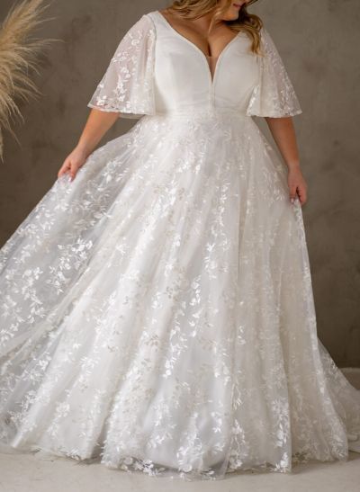 Plus Size A-Line V-Neck Satin(Non-Stretch)/Tulle Wedding Dresses With Lace