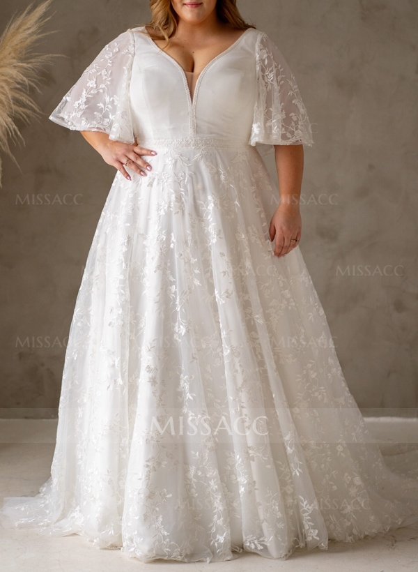 Plus Size A-Line V-Neck Satin(Non-Stretch)/Tulle Wedding Dresses With Lace