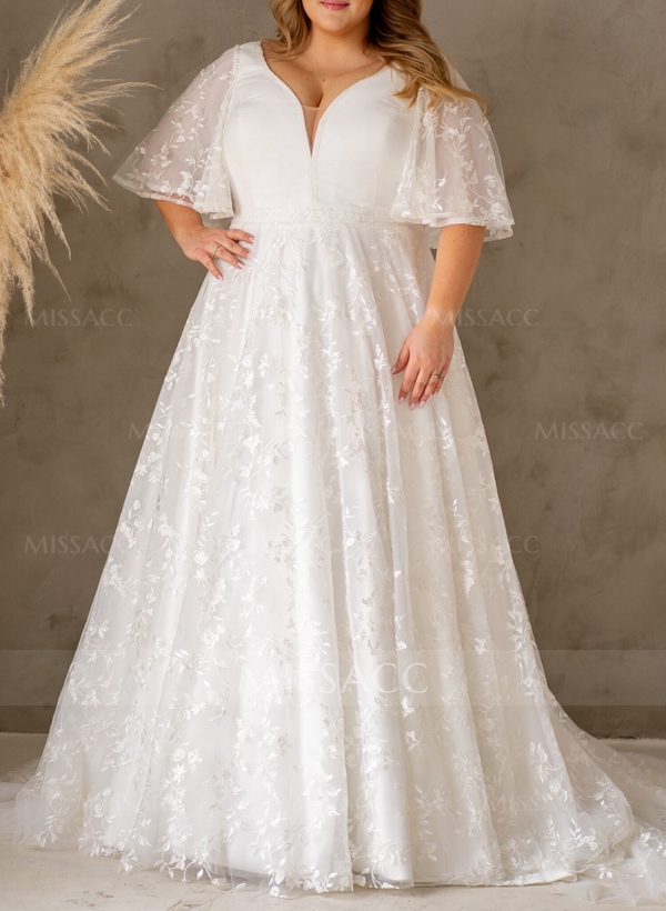 Plus Size A-Line V-Neck Satin(Non-Stretch)/Tulle Wedding Dresses With Lace