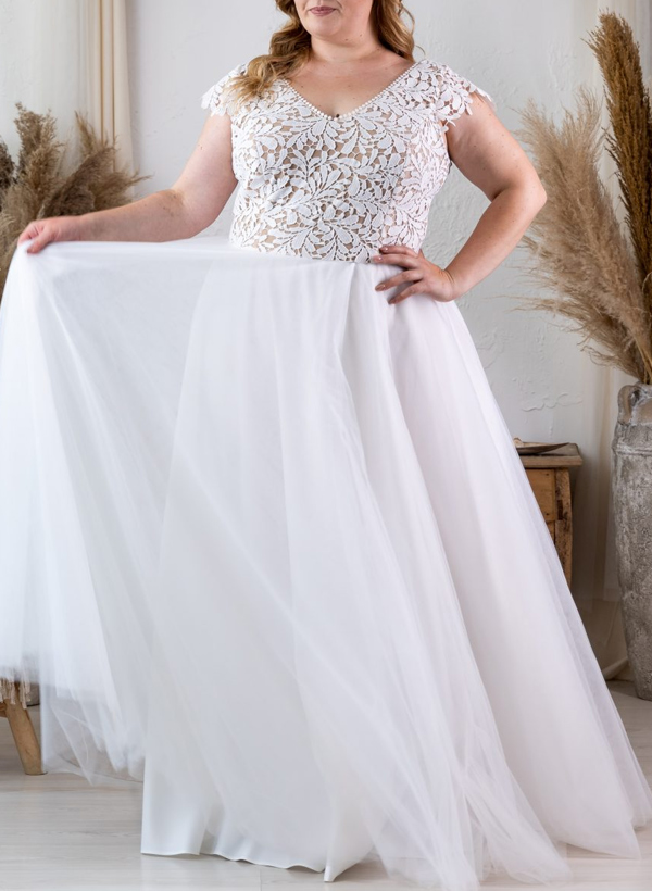 Plus Size A-Line V-Neck Sleeveless Floor-Length Tulle Wedding Dresses With Lace