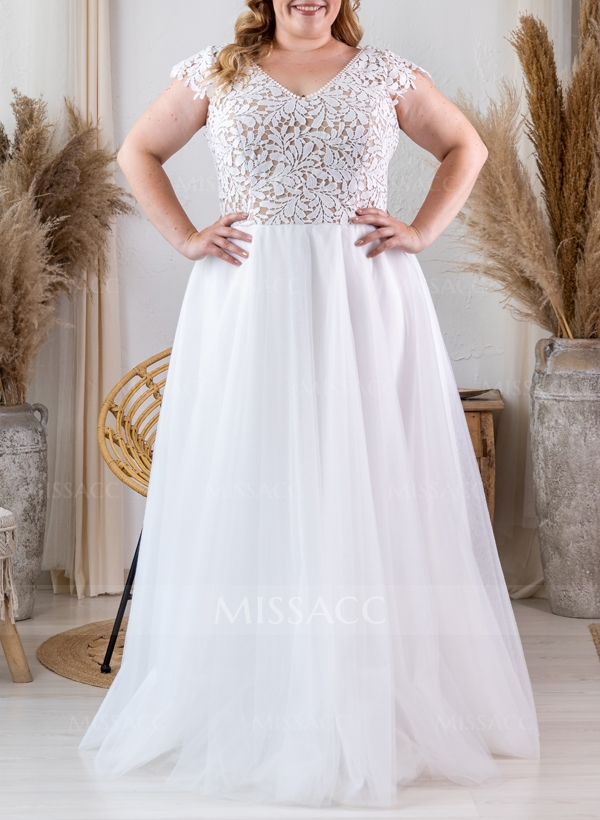 Plus Size A-Line V-Neck Sleeveless Floor-Length Tulle Wedding Dresses With Lace