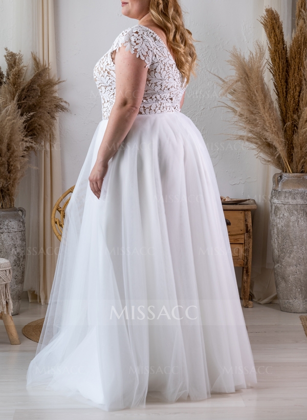 Plus Size A-Line V-Neck Sleeveless Floor-Length Tulle Wedding Dresses With Lace