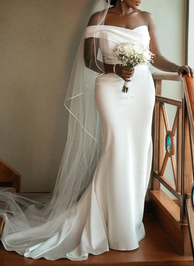 Plus Size Sheath/Column Off-The-Shoulder Court Train Satin Wedding Dresses