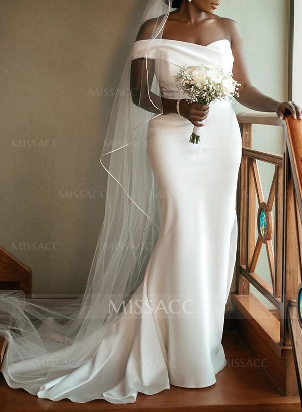 Plus Size Sheath/Column Off-The-Shoulder Court Train Satin Wedding Dresses