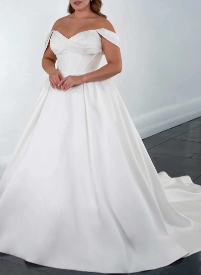 Plus Size A-Line Off-The-Shoulder Detachable Sleeves Satin Wedding Dresses