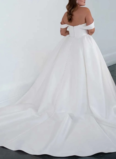 Plus Size A-Line Off-The-Shoulder Detachable Sleeves Satin Wedding Dresses