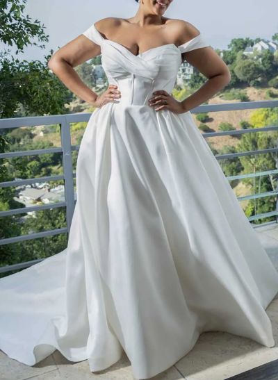 Plus Size A-Line Off-The-Shoulder Detachable Sleeves Satin Wedding Dresses