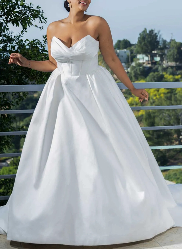 Plus Size A-Line Off-The-Shoulder Detachable Sleeves Satin Wedding Dresses