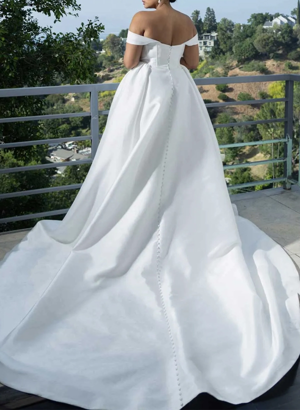 Plus Size A-Line Off-The-Shoulder Detachable Sleeves Satin Wedding Dresses