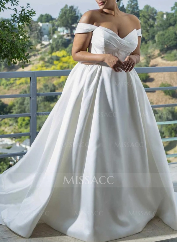 Plus Size A-Line Off-The-Shoulder Detachable Sleeves Satin Wedding Dresses