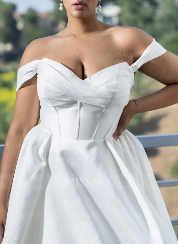 Plus Size A-Line Off-The-Shoulder Detachable Sleeves Satin Wedding Dresses