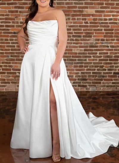 Plus Size A-Line Strapless Sleeveless Court Train Satin Wedding Dresses With High Split