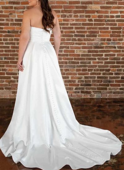 Plus Size A-Line Strapless Sleeveless Court Train Satin Wedding Dresses With High Split