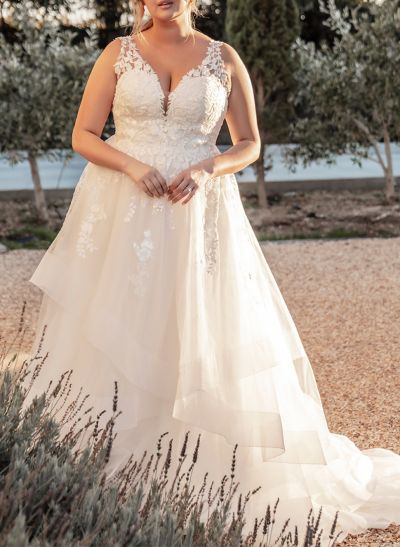 Plus Size A-Line V-Neck Sleeveless Sweep Train Tulle Wedding Dresses With Lace