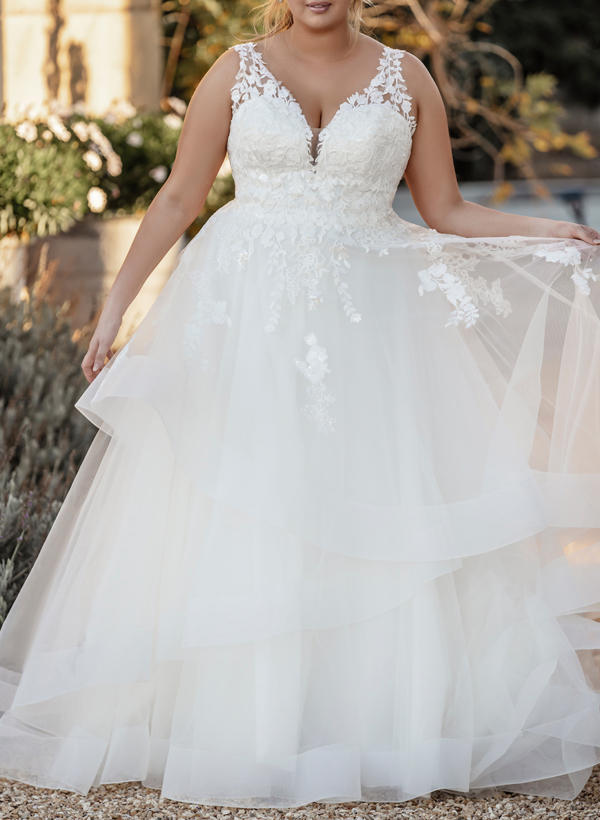 Plus Size A-Line V-Neck Sleeveless Sweep Train Tulle Wedding Dresses With Lace