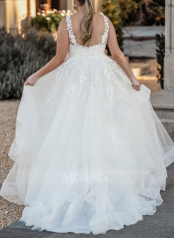 Plus Size A-Line V-Neck Sleeveless Sweep Train Tulle Wedding Dresses With Lace