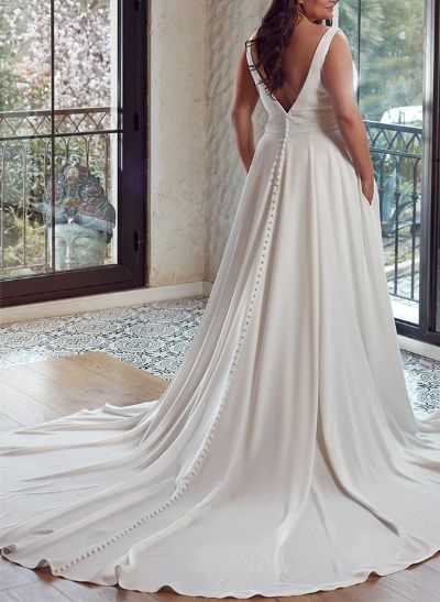 Plus Size A-Line V-Neck Sleeveless Court Train Satin Wedding Dresses