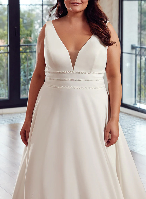 Plus Size A-Line V-Neck Sleeveless Court Train Satin Wedding Dresses