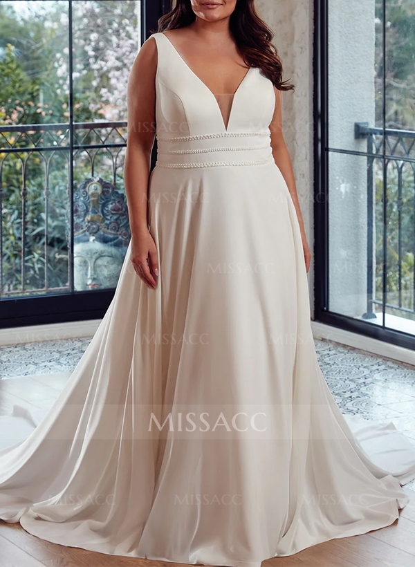 Plus Size A-Line V-Neck Sleeveless Court Train Satin Wedding Dresses