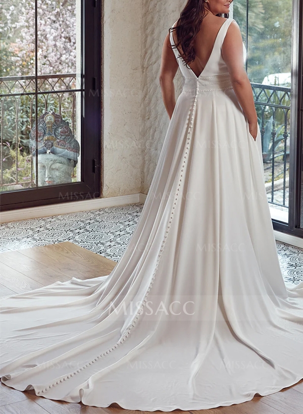 Plus Size A-Line V-Neck Sleeveless Court Train Satin Wedding Dresses