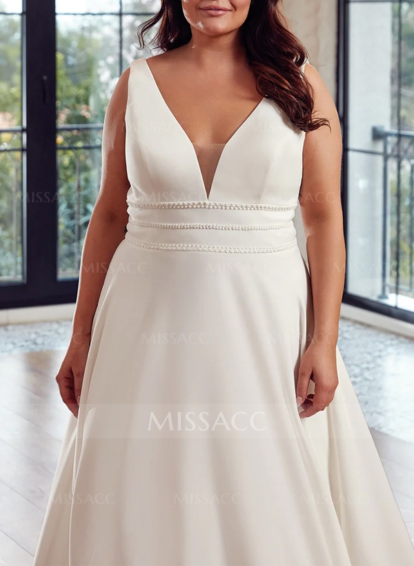 Plus Size A-Line V-Neck Sleeveless Court Train Satin Wedding Dresses