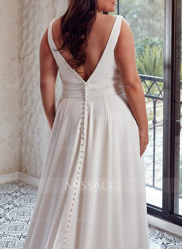 Plus Size A-Line V-Neck Sleeveless Court Train Satin Wedding Dresses