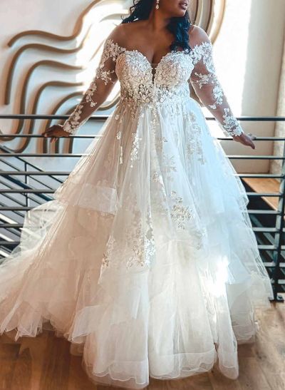 Plus Size A-Line V-Neck Long Sleeves Tulle Wedding Dresses With Ruffle/Lace