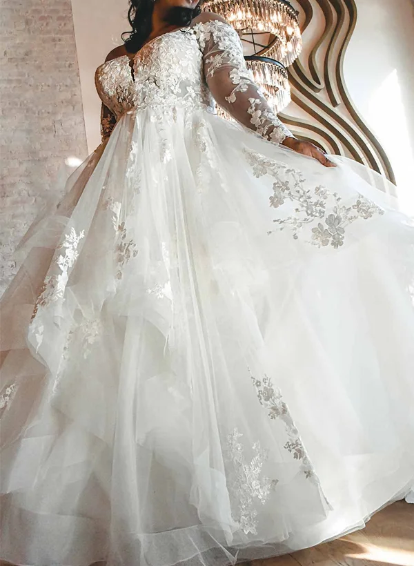 plus size long sleeve wedding dress Elegant Lace Sleeves Dresses Appliuqes Ball Gowns US2 / Same as Picture Crafted from delicate lace and flowing tulle Romantic Plus Size Brush Train