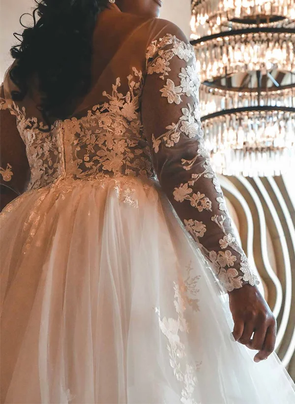 Plus Size A-Line V-Neck Long Sleeves Tulle Wedding Dresses With Ruffle/Lace - Missacc Plus Size A-Line V-Neck Long Sleeves Tulle Wedding Dresses With Ruffle/Lace - Missacc