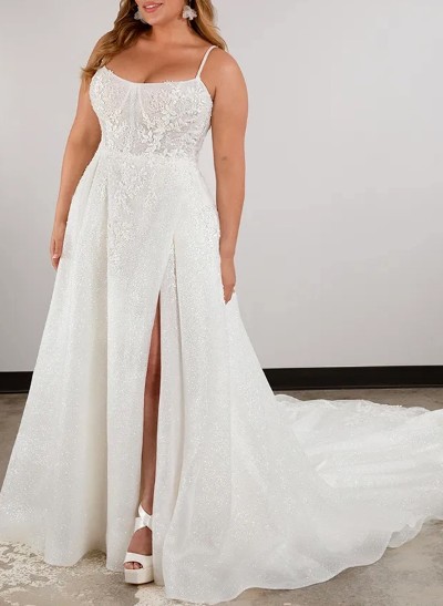 Plus Size A-Line Cowl Neck Court Train Tulle Wedding Dresses With Lace/High Split