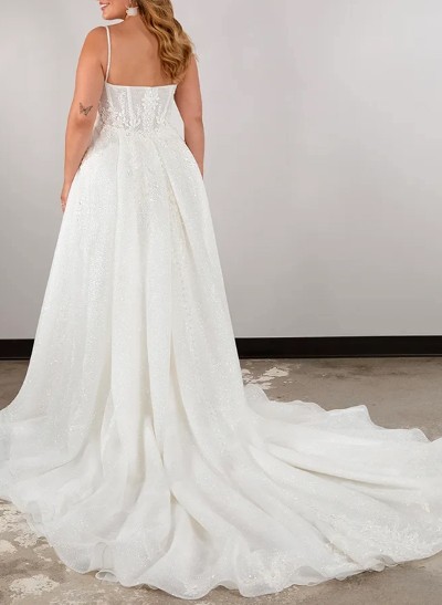 Plus Size A-Line Cowl Neck Court Train Tulle Wedding Dresses With Lace/High Split