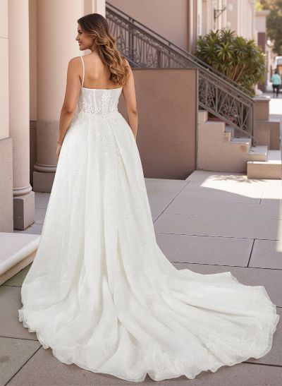 Plus Size A-Line Cowl Neck Court Train Tulle Wedding Dresses With Lace/High Split