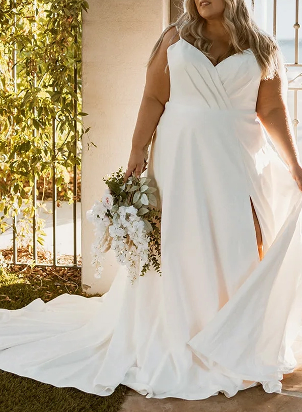 Plus Size A-Line V-Neck Court Train Satin Wedding Dresses With Pockets/High Split