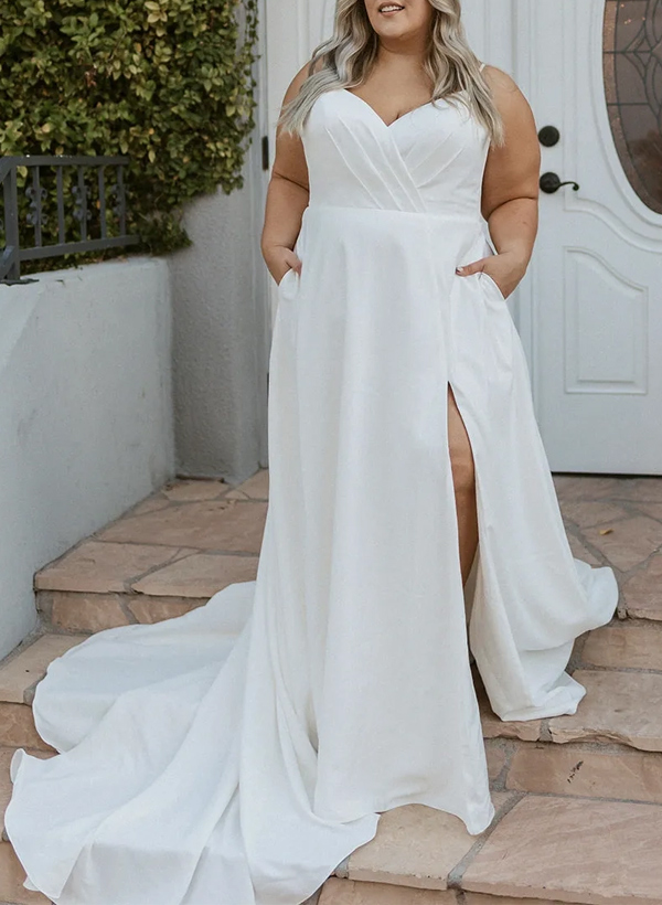 Plus Size A-Line V-Neck Court Train Satin Wedding Dresses With Pockets/High Split