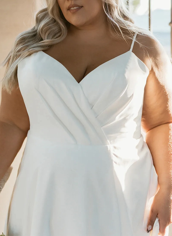 Plus Size A-Line V-Neck Court Train Satin Wedding Dresses With Pockets/High Split