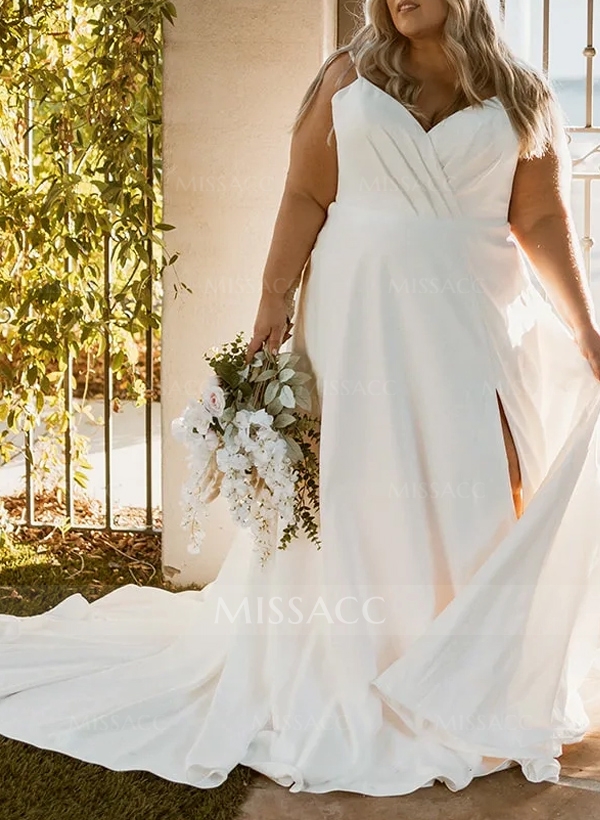 Plus Size A-Line V-Neck Court Train Satin Wedding Dresses With Pockets/High Split