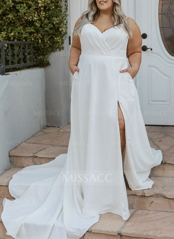 Plus Size A-Line V-Neck Court Train Satin Wedding Dresses With Pockets/High Split