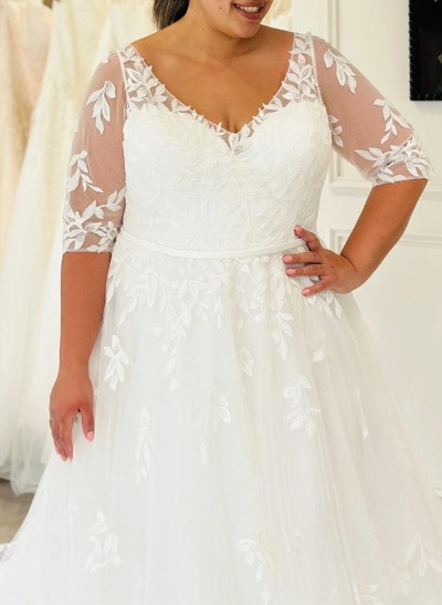 Plus Size A-Line V-Neck 1/2 Sleeves Court Train Tulle Wedding Dresses With Lace