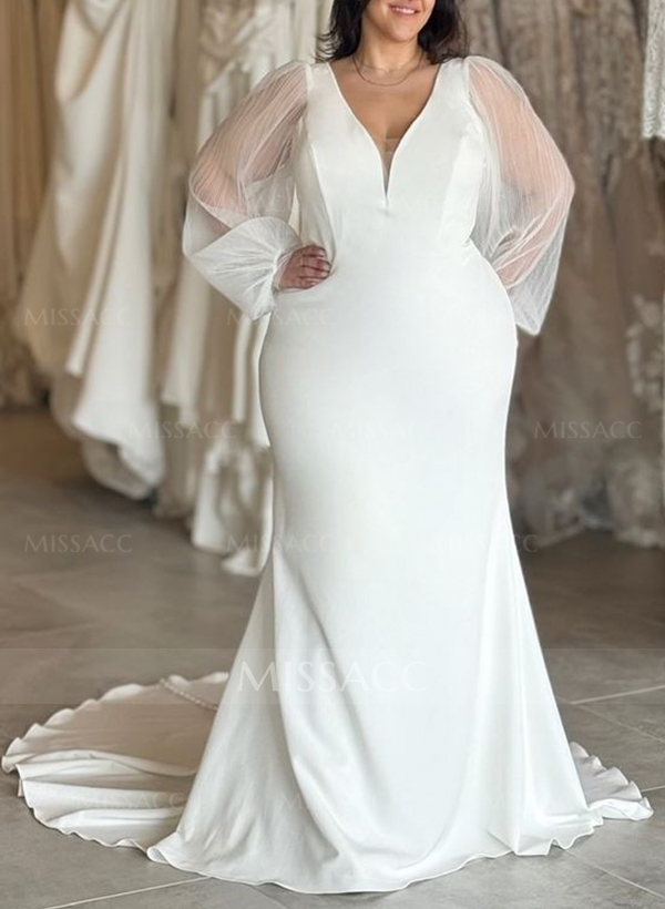 Plus Size Trumpet/Mermaid V-Neck Long Sleeves Sweep Train Satin Chiffon Wedding Dresses