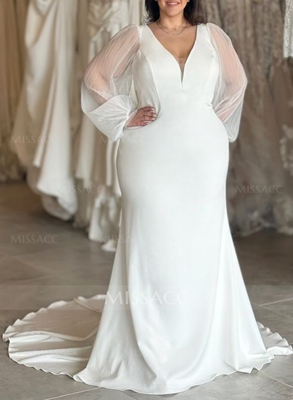 Plus Size Trumpet/Mermaid V-Neck Long Sleeves Sweep Train Satin Chiffon Wedding Dresses