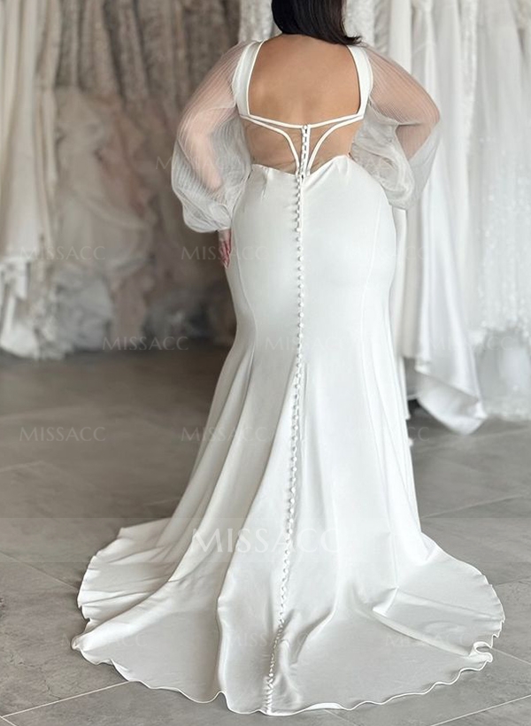 Plus Size Trumpet/Mermaid V-Neck Long Sleeves Sweep Train Satin Chiffon Wedding Dresses